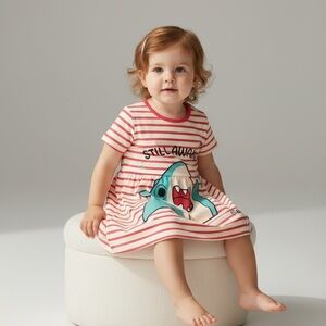 SHEIN Striped Shark Graphic Tee white red Girl 18-24 Months round neck short